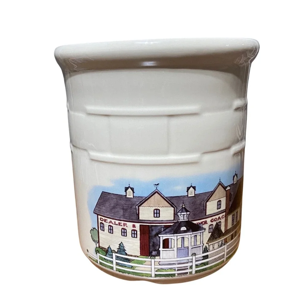 Longaberger Homestead Pottery Crock Utensil Holder Ivory Basketweave Made in USA